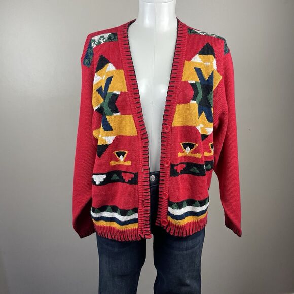 Beyond Blue M Retro Southwestern Boho Red Cardigan - Picture 1 of 10